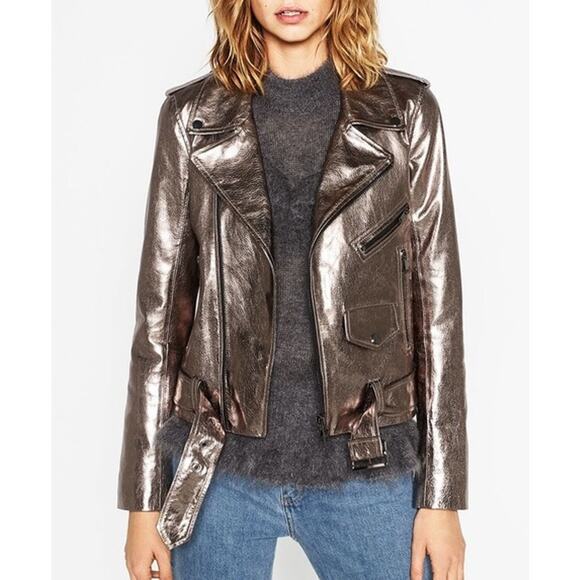 Zara Jackets & Blazers - ZARA Genuine Leather Jacket Silver Metallic Belted Moto Biker Jacket